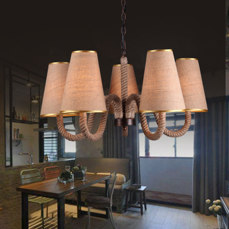 Beige Ceiling Chandelier with Antiqued Rope and Fabric Cone Shades - 3/5/8 Heads