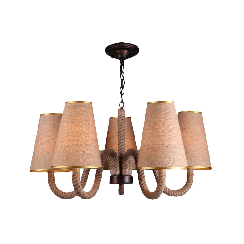 Beige Ceiling Chandelier With Antiqued Rope Design And Fabric Shade