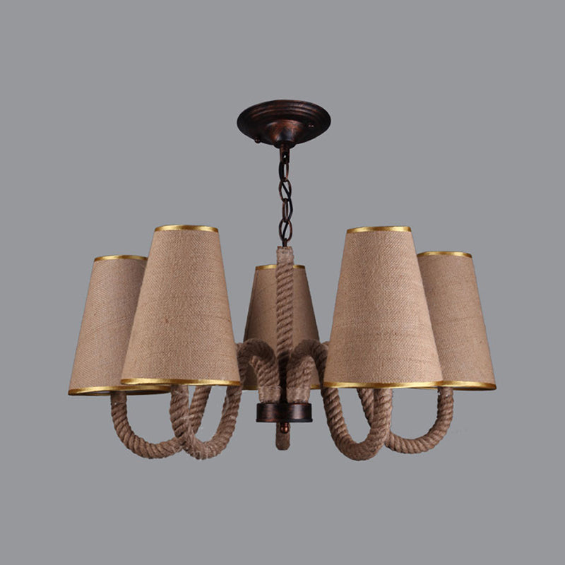 Beige Ceiling Chandelier with Antiqued Rope and Fabric Cone Shades - 3/5/8 Heads