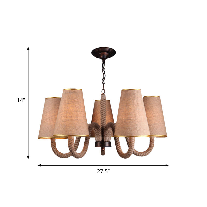 Beige Ceiling Chandelier with Antiqued Rope and Fabric Cone Shades - 3/5/8 Heads