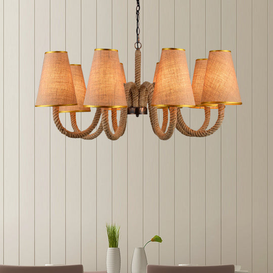 Beige Ceiling Chandelier with Antiqued Rope and Fabric Cone Shades - 3/5/8 Heads