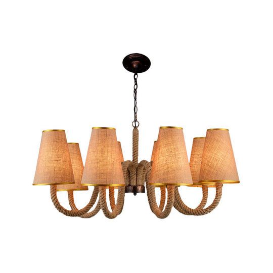 Beige Ceiling Chandelier with Antiqued Rope and Fabric Cone Shades - 3/5/8 Heads