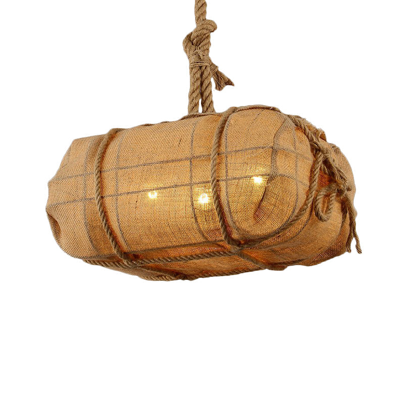 Beige Fabric Chandelier for Countryside Restaurants - Three Bulb Pendant Light with Rope Detailing