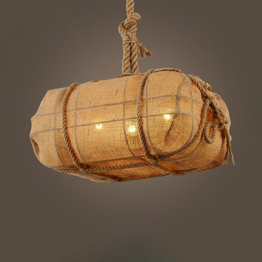 Beige Fabric Chandelier for Countryside Restaurants - Three Bulb Pendant Light with Rope Detailing