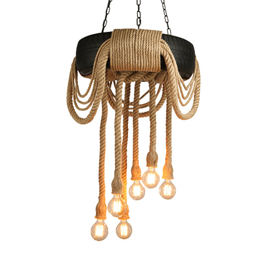 Lucienne - Industrial Beige Rope 6-Light Bare Bulb Pendant Chandelier