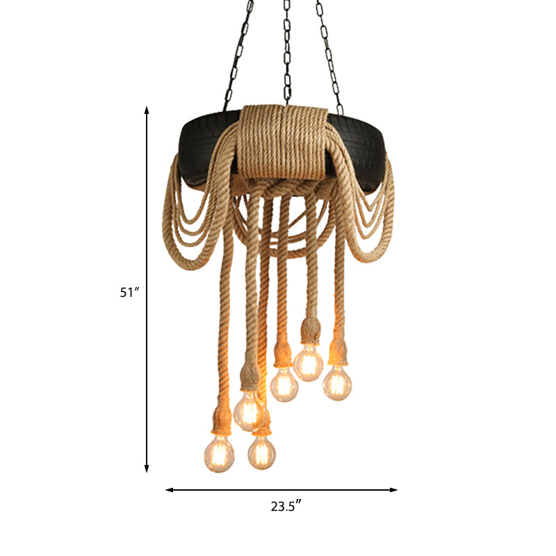 Lucienne - Industrial Beige Rope 6-Light Bare Bulb Pendant Chandelier