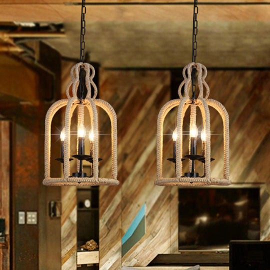 Industrial Rope Bird Cage Pendant Lamp - Beige, 3 Heads Chandelier Light for Coffee Shop Ceiling