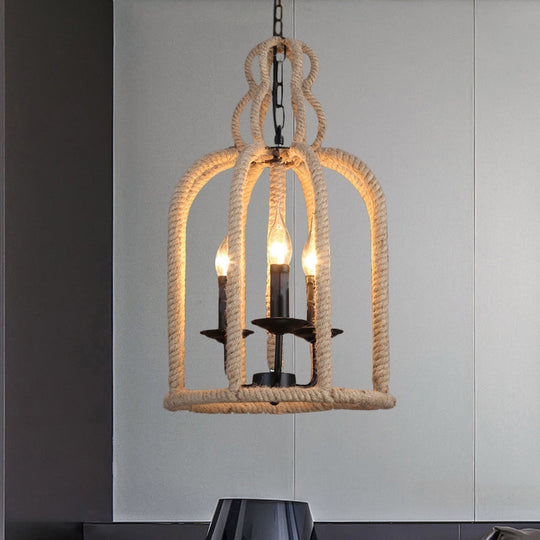 Industrial Rope Bird Cage Pendant Lamp - Beige, 3 Heads Chandelier Light for Coffee Shop Ceiling