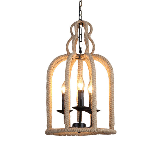 Industrial Rope Bird Cage Pendant Lamp - Beige, 3 Heads Chandelier Light for Coffee Shop Ceiling