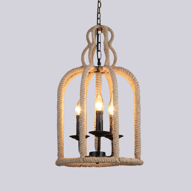 Industrial Rope Bird Cage Pendant Lamp - Beige, 3 Heads Chandelier Light for Coffee Shop Ceiling