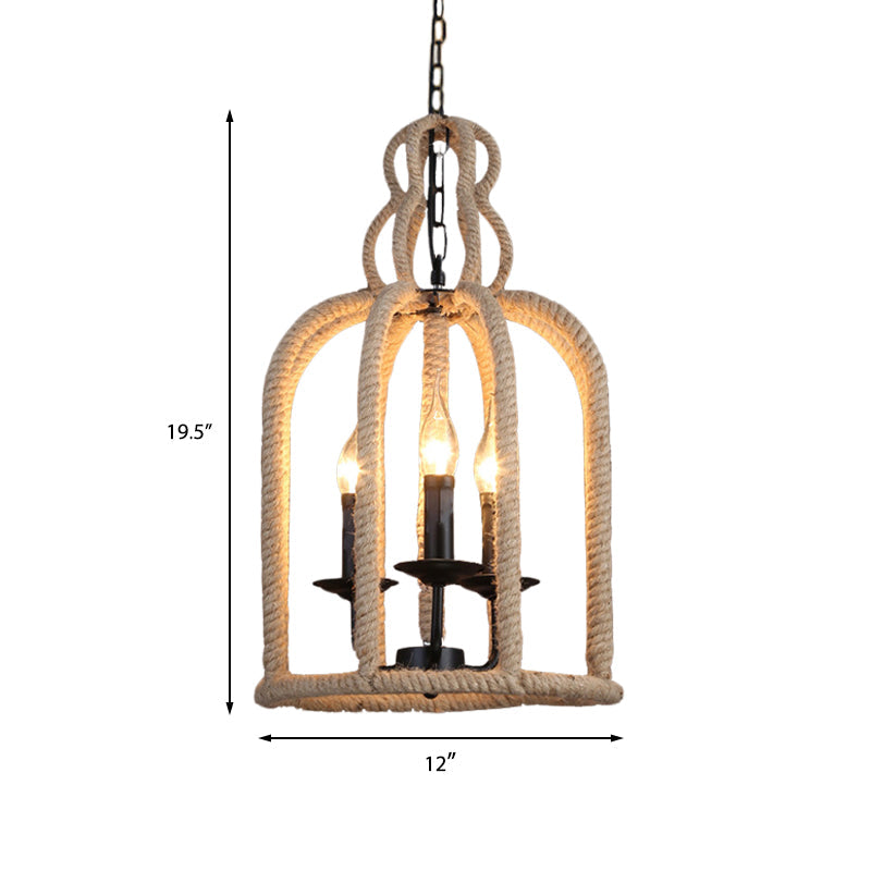 Industrial Rope Bird Cage Pendant Lamp - Beige, 3 Heads Chandelier Light for Coffee Shop Ceiling