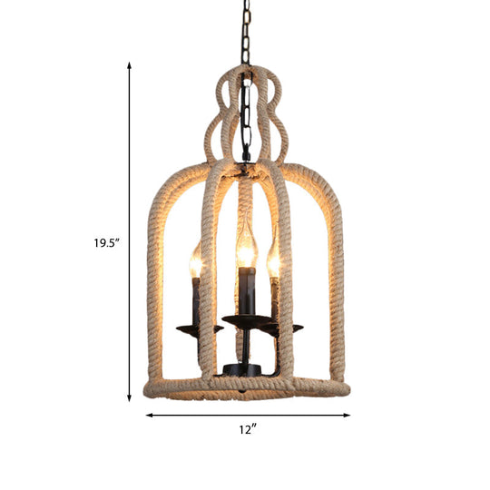 Industrial Rope Bird Cage Pendant Lamp - Beige, 3 Heads Chandelier Light for Coffee Shop Ceiling