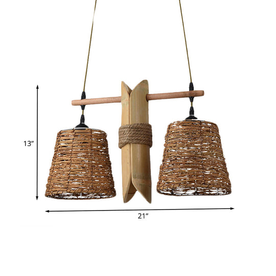 Odile - Farmhouse Rope Barrel Chandelier: Beige Pendant Lamp with Bamboo Panel