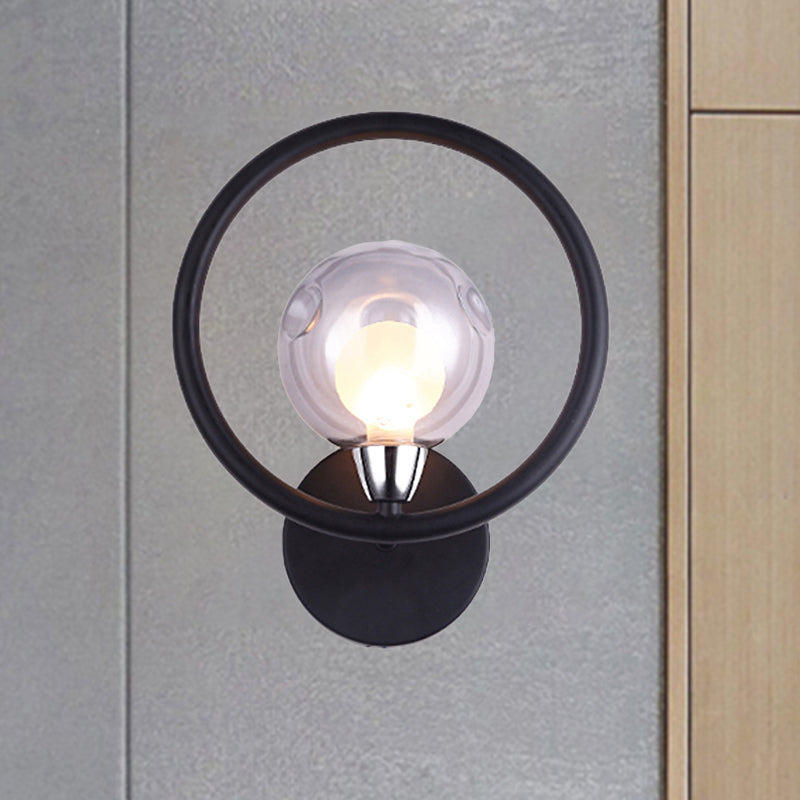 Modern Black/White Ring Wall Sconce Lamp With Glass Ball Shade