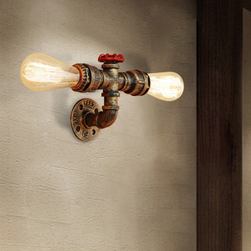 Warehouse Style 2-Head Wall Light Fixture With Bronze/Antique Brass Finish - Wrought Iron Sconce