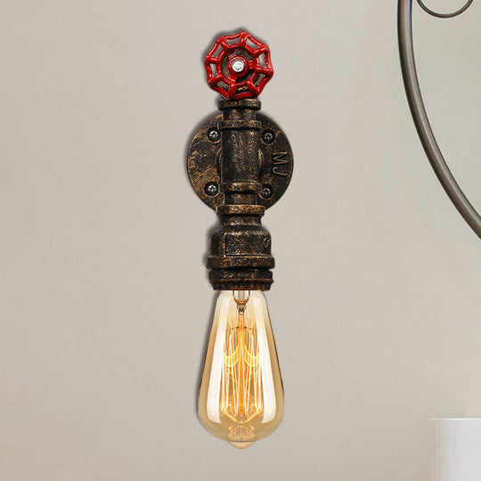 Bronze Water Pipe Wall Sconce Light: Farmhouse Style With Red Valve