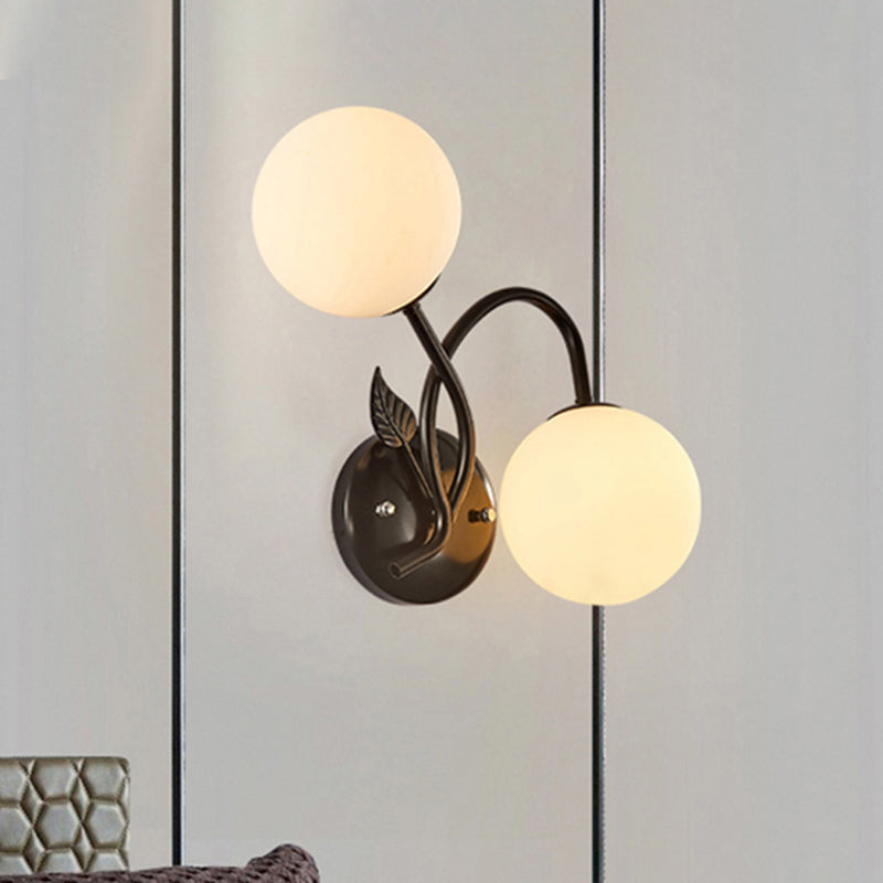 Modern Double Globe Opal Glass Wall Light: 2-Bulb Coffee Shop Sconce In Black/Gold