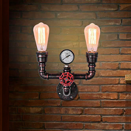 Copper Water Pipe Wall Lighting With Pressure Gauge & Rustic Iron Finish 2/3 Heads - Restaurant