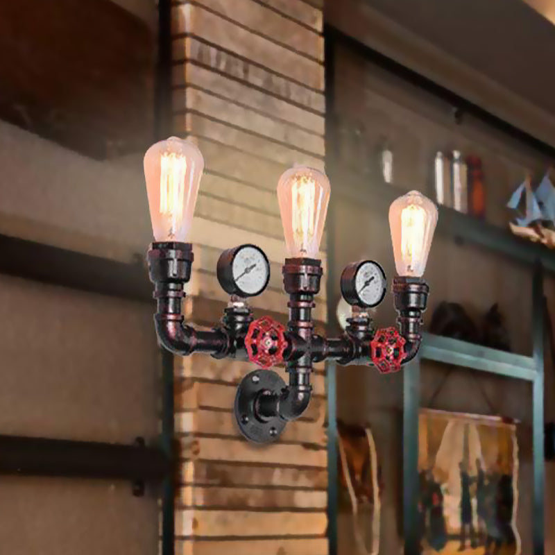 Copper Water Pipe Wall Lighting With Pressure Gauge & Rustic Iron Finish 2/3 Heads - Restaurant