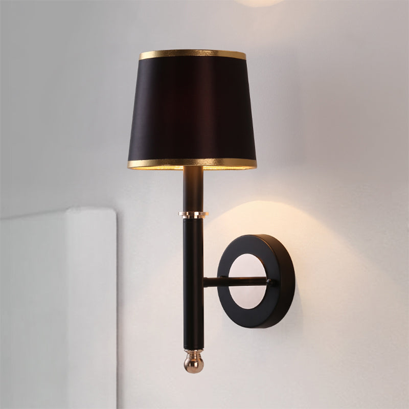 Minimalist Metallic Wall Sconce Light 1-Light Black/Flaxen For Bedroom - 16/18.5 Cone Mount Lighting