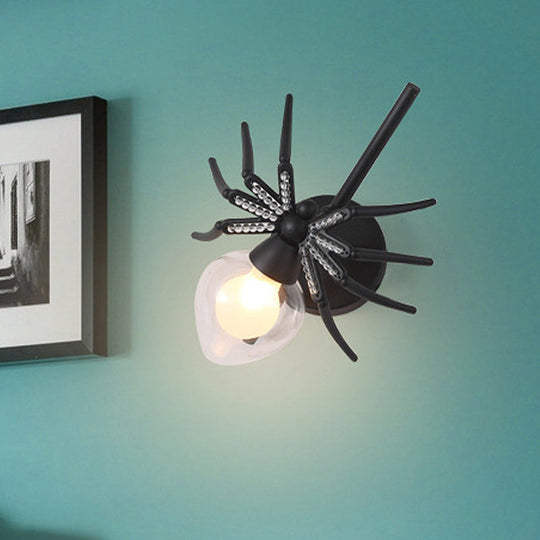 Rustic Lodge Black Spider Sconce: Metallic Mini Wall Lamp With Clear Glass Shade