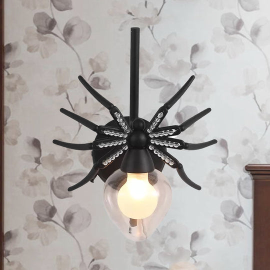 Rustic Lodge Black Spider Sconce: Metallic Mini Wall Lamp With Clear Glass Shade