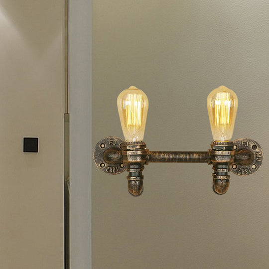 Industrial Aged Brass 2-Light Wall Sconce With Rustic Wrought Iron Design - Exposed Mount