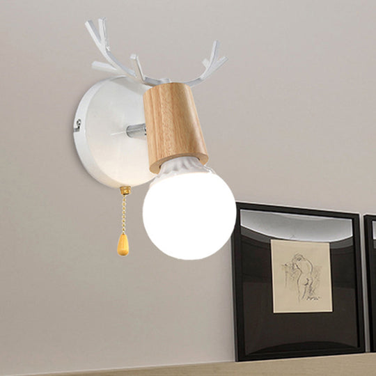 Bare Bulb Sconce With Deer Horn Accent - Modern Black/White Metal And Wood Wall Lamp