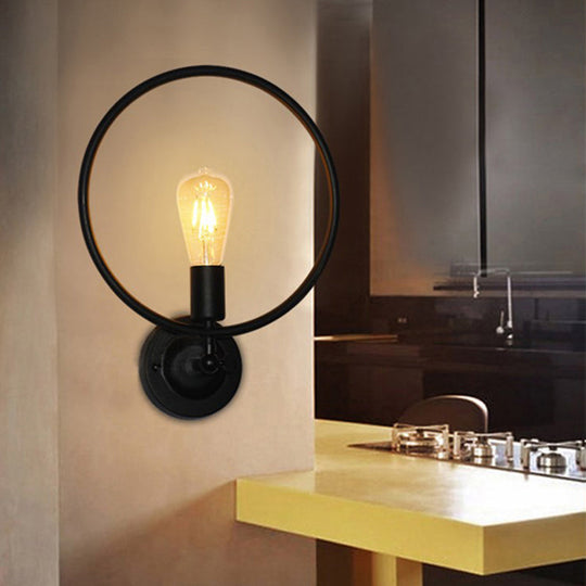 Industrial Style Metal Circular Bathroom Wall Sconce Light - 1 Bulb Black Finish