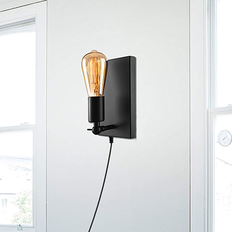 Retro Loft Black Metal Sconce Lamp: 1-Light Plug-In Wall Lamp With Exposed Bulb - Dining Room