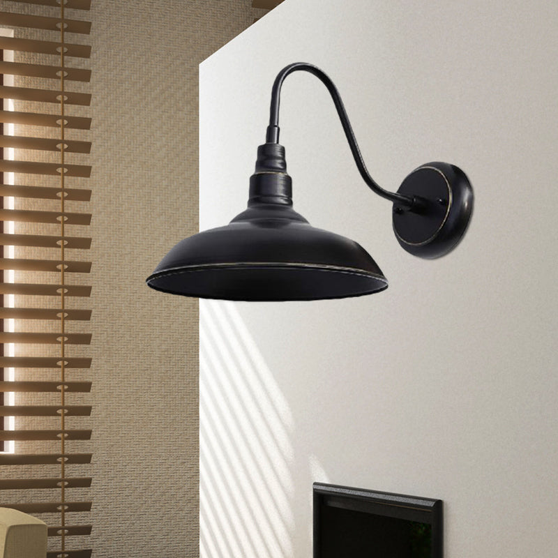 Farmhouse Barn Wall Sconce Lamp With Gooseneck Arm - Outdoor Metal Lighting (Black) Black