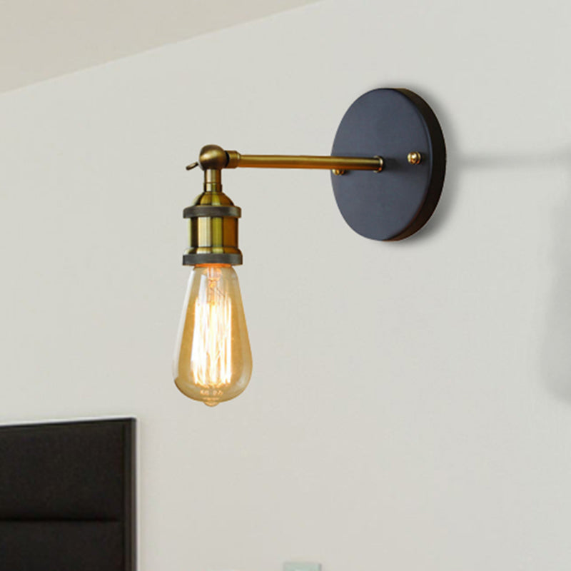 Industrial Metal Wall Lamp - Black/Brass Finish 1 Head Mini Sconce Lighting With Bare Bulb For