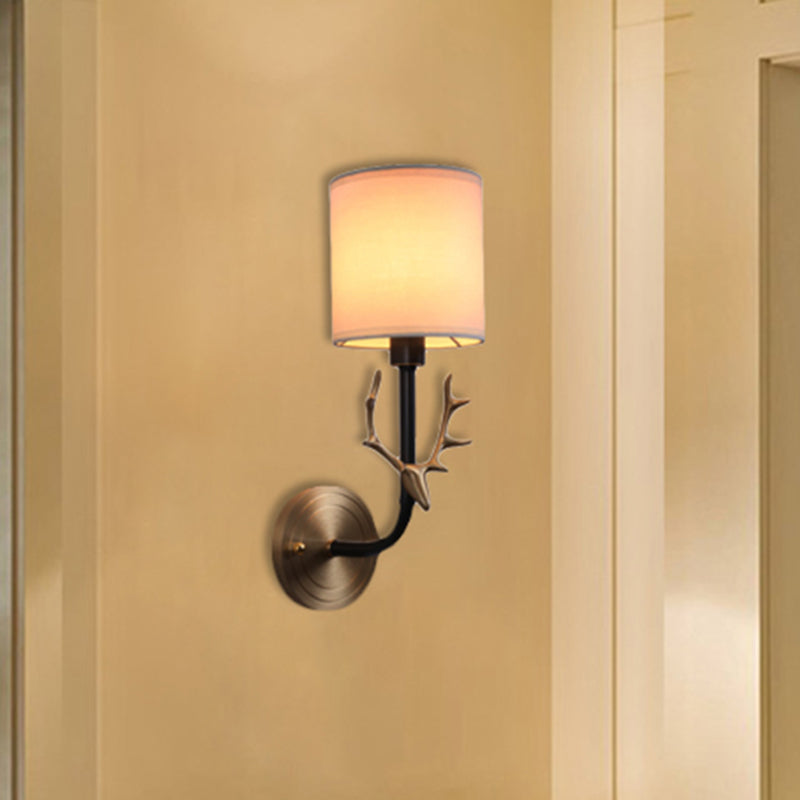 Modern 1/2 Lights Wall Sconce With Fabric Shade - Black/Gold Cylinder Mount Fixture Featuring Metal