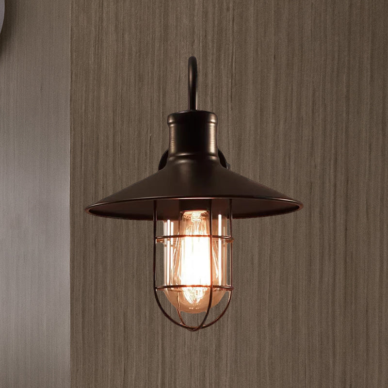 Industrial Clear Glass Wall Sconce With Cage - Cone Shaped Single Bulb Bedroom Lamp