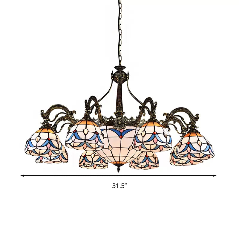 Dome Chandelier with Stained Glass Tiffany Pendant Lighting - Multi Light, Metal Chain