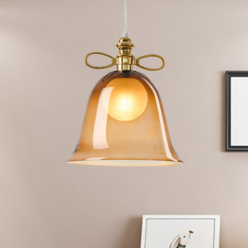 Simplicity Brown Pendant Light With Bell Glass Shade Single Ceiling Hanging Lamp