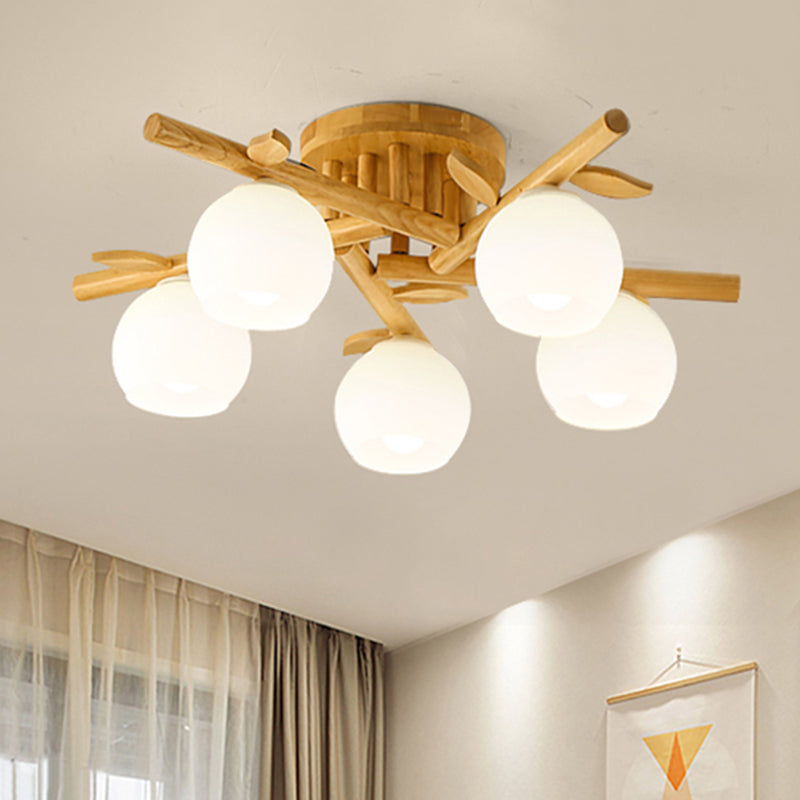 Semi Flush Opal Glass Ceiling Lamp with Wooden Branch - Creative Sphere Dining Room Light in Beige