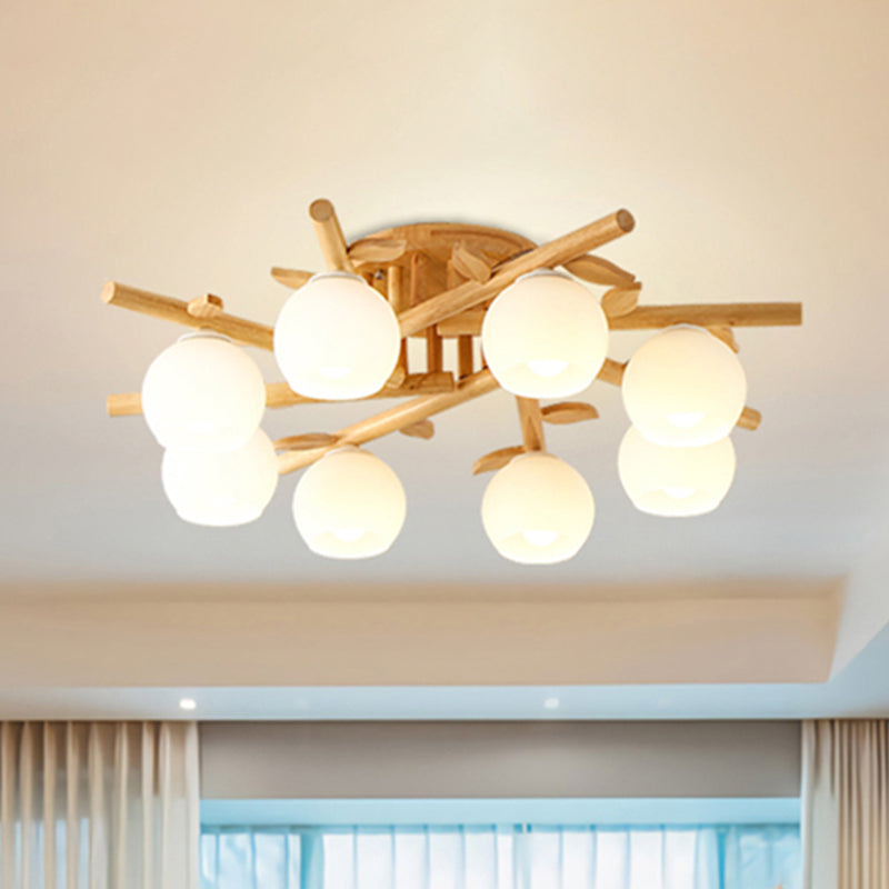 Semi Flush Opal Glass Ceiling Lamp with Wooden Branch - Creative Sphere Dining Room Light in Beige