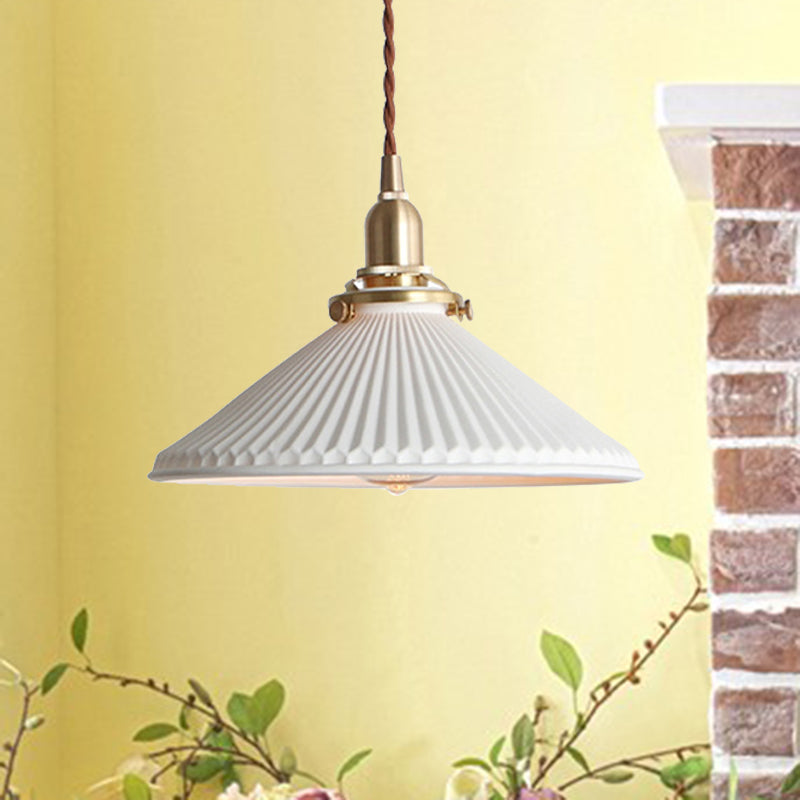 Ridged Cone Dining Room Pendant Light Ceramics 1 Light Simple Style Pendant Lamp in White