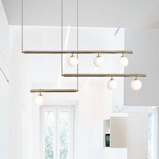 Modern Brass Pendant Light With Orbit Shade: Linear Office Chandelier (3/6/7 Lights)