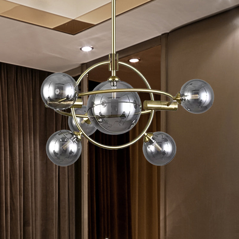 Contemporary Gold Pendant Light With Amber/Clear/Smoke Glass Sphere Shade - Living Room Chandelier