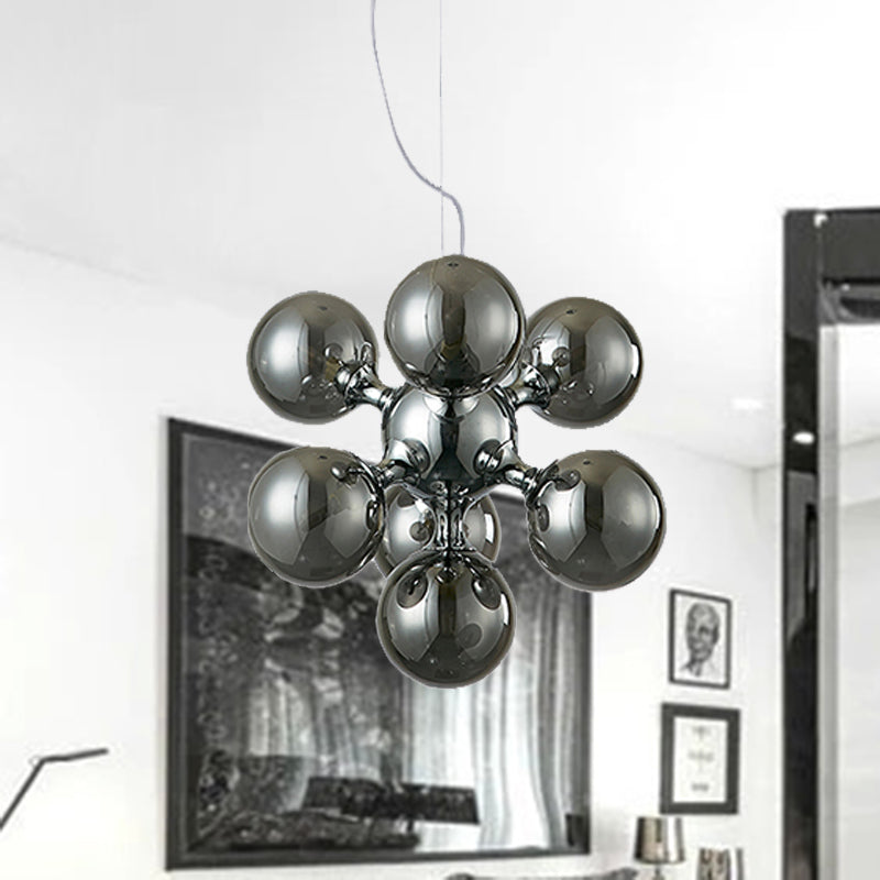 Modern Round Shade Chandelier With Amber/Smoke/White Glass - 9-Light Pendant Lighting For Hotel