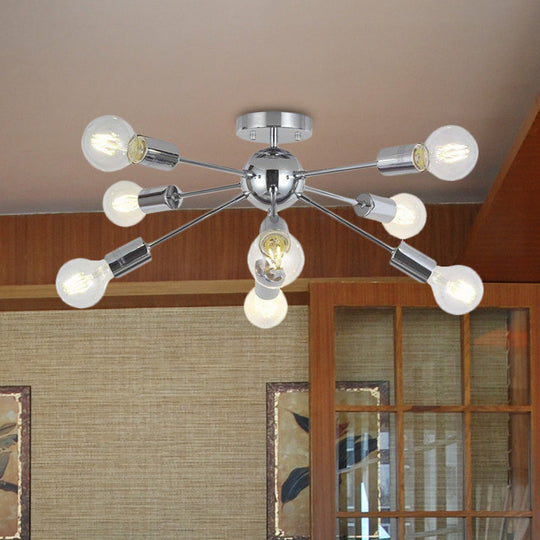 8-Head Modern Metal Linear Semi Flush Mount Ceiling Lamp for Restaurants with Small Ball Design