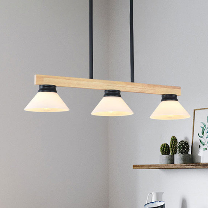 Nordic Style Wooden Cone Shade Chandelier - 3/4 Heads Linear Pendant Light For Kitchen Island