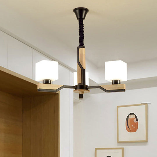 Nordic Cube-Shaped Ceiling Lamp with Wooden Chandelier for Living Room (3 or 5 Heads)