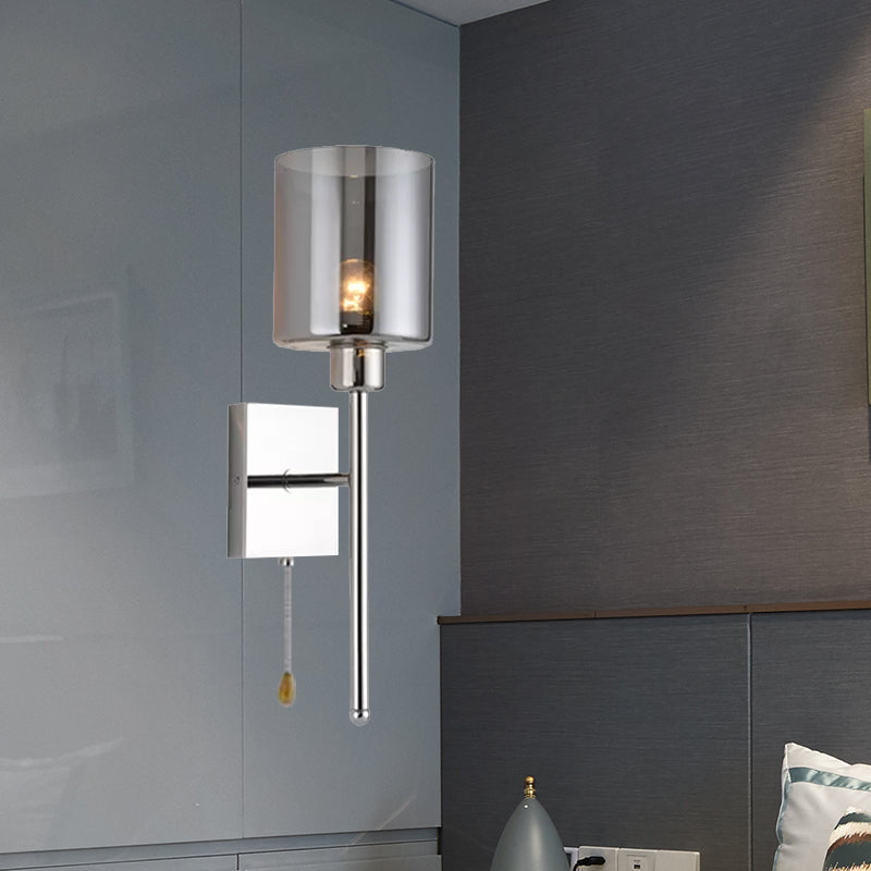 Modern Beige/Chrome Cylindrical Sconce With 1 Light Smoke/Clear Glass Wall Mount - Switch Options