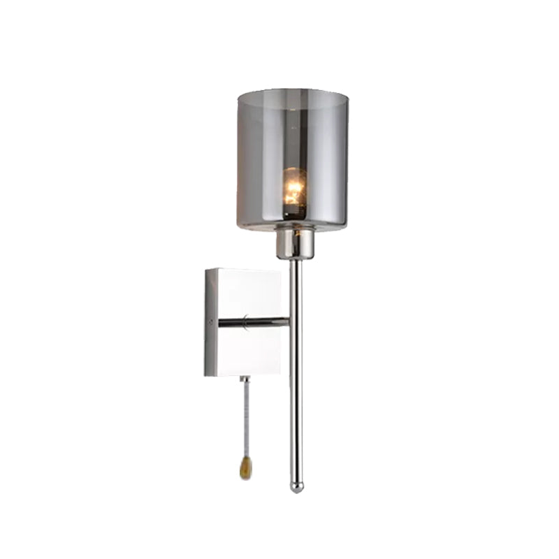 Modern Beige/Chrome Cylindrical Sconce With 1 Light Smoke/Clear Glass Wall Mount - Switch Options