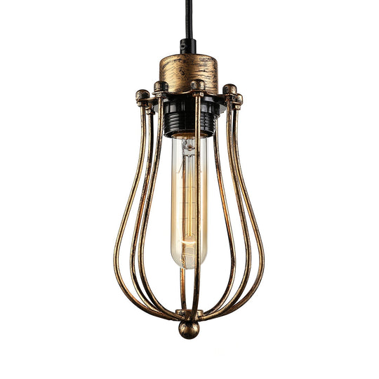 Caged Metal Pendant Light - Industrial Hanging Lamp With Teardrop Shade In Brass/White/Black