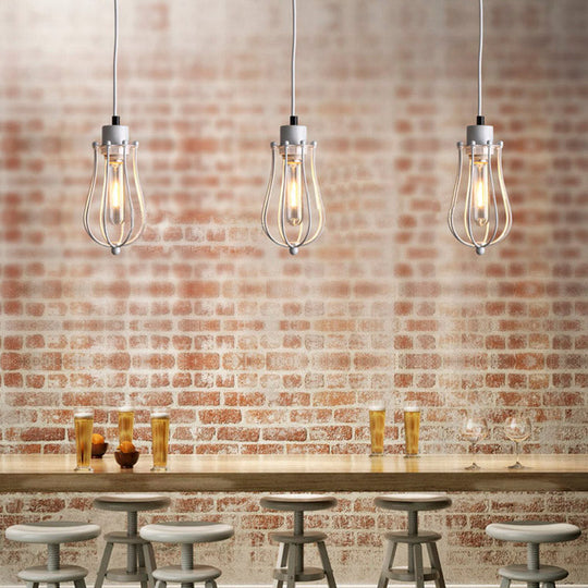 Caged Metal Pendant Light - Industrial Hanging Lamp With Teardrop Shade In Brass/White/Black White