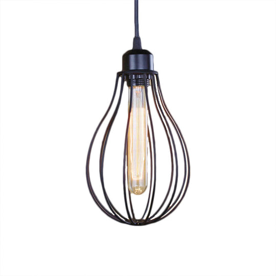 Vintage Industrial Pendant Ceiling Light In Metallic Black/Brass Finish With Wire Cage And Bulb